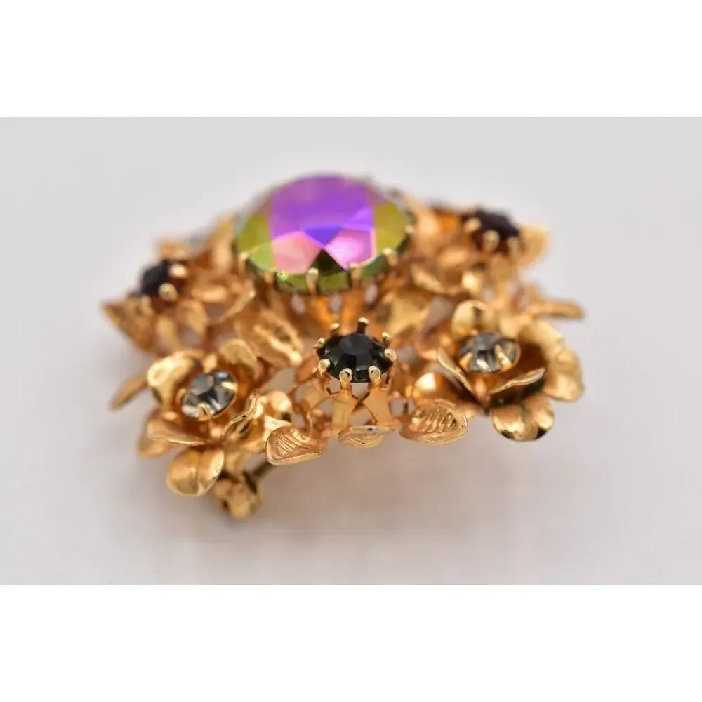 Vintage Austrian Crystal Pin Brooch Flower Gold Tone Aurora Borealis 1960s BinBI